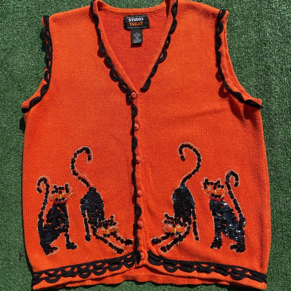 Vintage Y2K Halloween Cats Sequined Embellished EmbroideredSweater Vest Medium